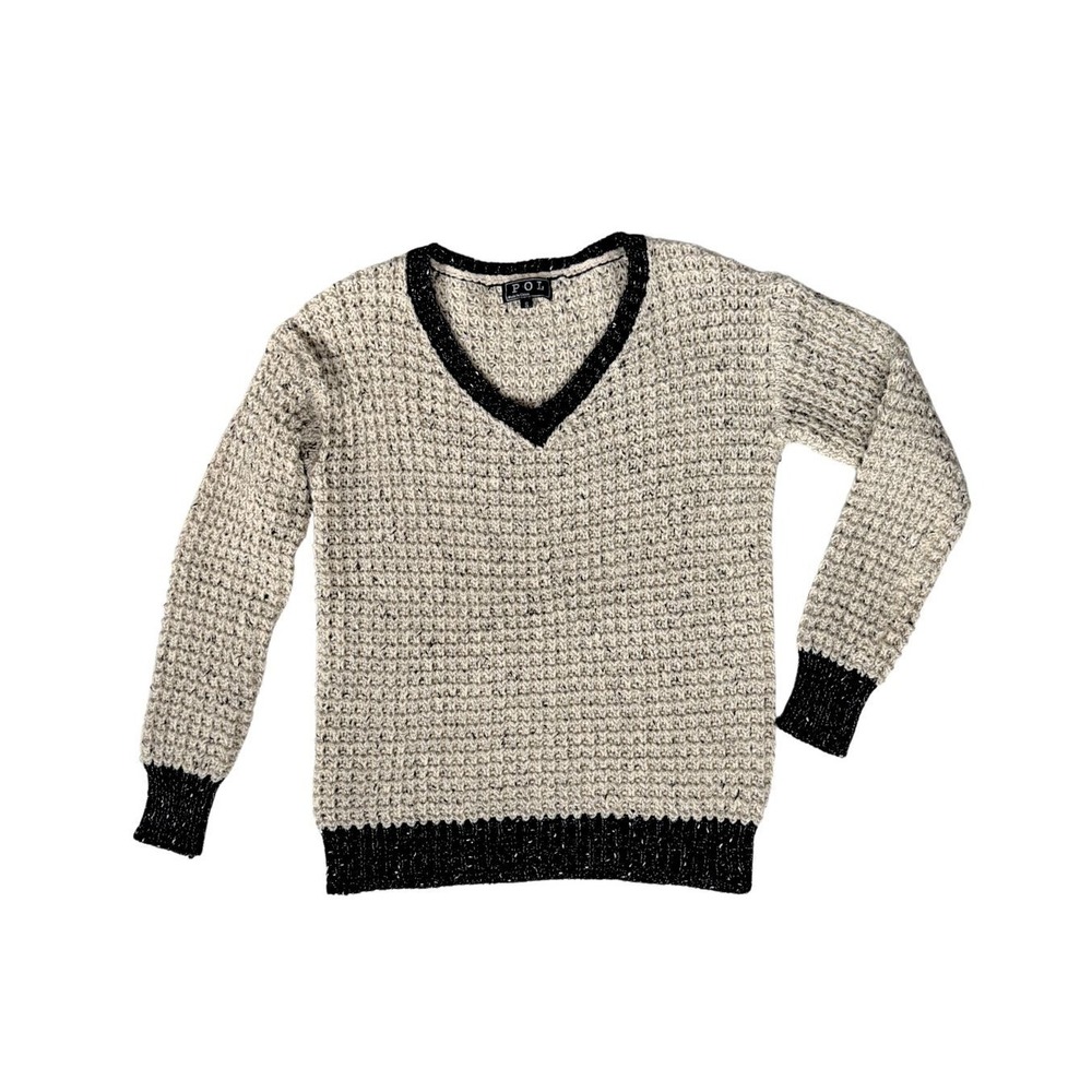 POL Women V-Neck Waffle Knit Sweater Cream Black Colorblock Size S M202